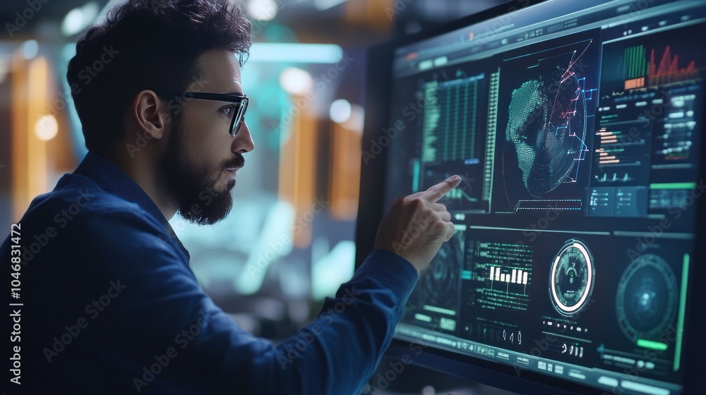 A technology consultant working on business automation systems, demonstrating solutions on a futuristic platform A technology consultant working on business automation systems, demonstrating solutions on a futuristic platform