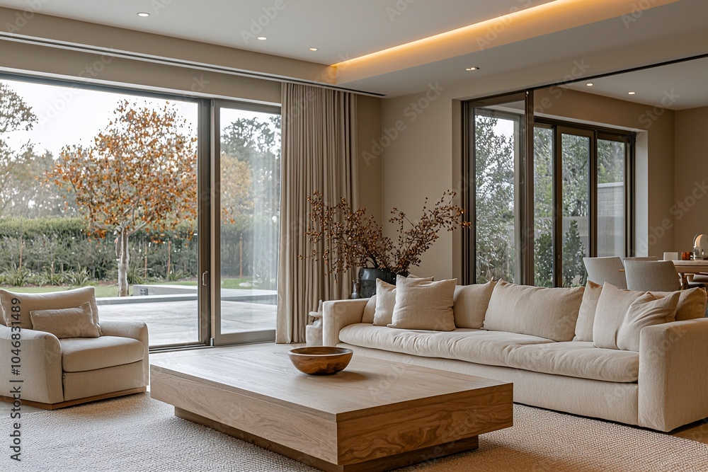 Fototapeta premium Minimalist, modern Scandinavian interiors in living rooms with sofas and tables. Generative AI 