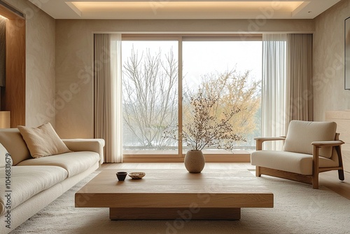 A living room photo of a Scandinavian interior and japandi interior combination of a living room with a window and sofa and furniture in view. Generative AI
