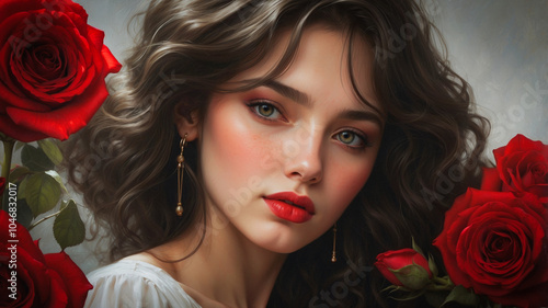 Portrait of a beautiful young woman with red roses in her hair