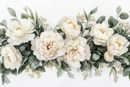 An oil painting of white roses and other white flowers on a white background with green leaves and stems