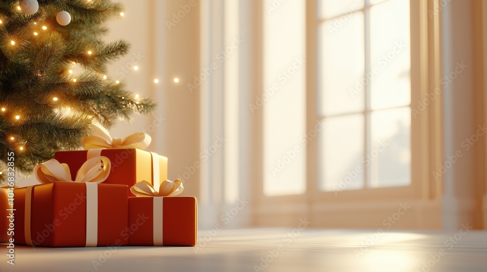 A cozy corner featuring a decorated Christmas tree and vibrant presents, illuminated by soft light against a backdrop of large windows. A cozy corner featuring a decorated Christmas tree and vibrant presents, illuminated by soft light against a backdrop of large windows.