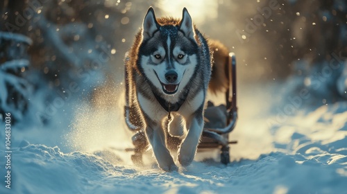 Energetic Siberian Husky dog pulling a sled through a snowy landscape, 4K hyperrealistic photo