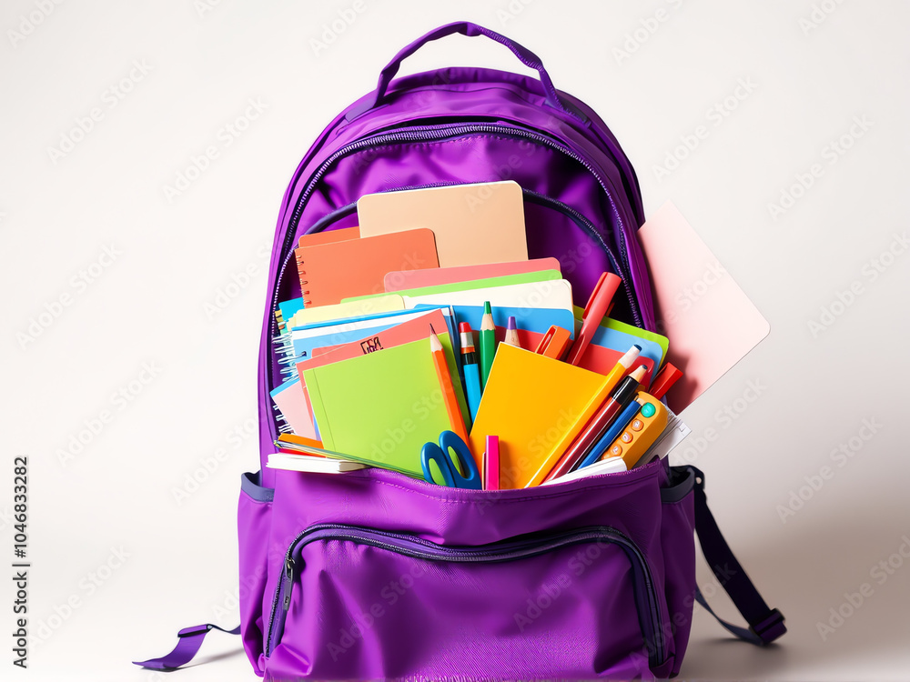 School supplies and colorful backpacks arranged neatly on a white background, showcasing educational essentials. School supplies and colorful backpacks arranged neatly on a white background, showcasing educational essentials.