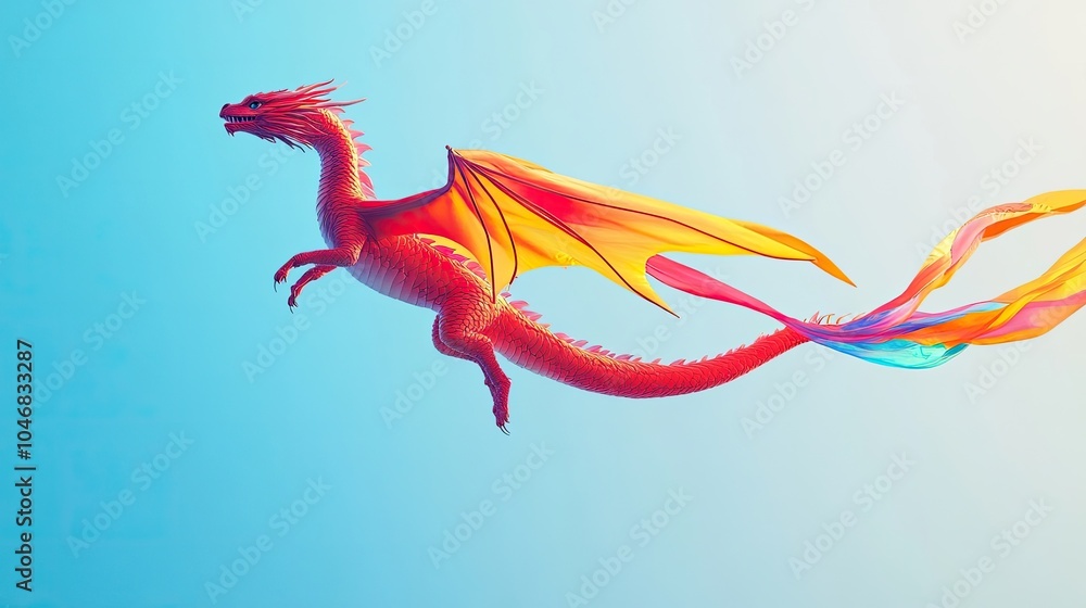 Obraz premium A vibrant red dragon kite flying high against a clear blue sky, with a colorful tail flowing behind it