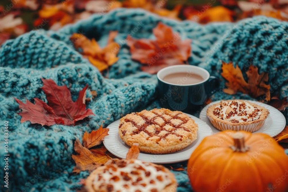 Cozy Autumn Picnic with Pumpkin Treats and Hot Drinks Among Colorful Leaves Cozy Autumn Picnic with Pumpkin Treats and Hot Drinks Among Colorful Leaves