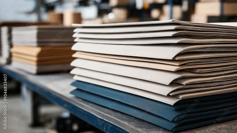 Stacks of folded fabric pieces in neutral colors on a table in a textile workshop or factory setting. Stacks of folded fabric pieces in neutral colors on a table in a textile workshop or factory setting.