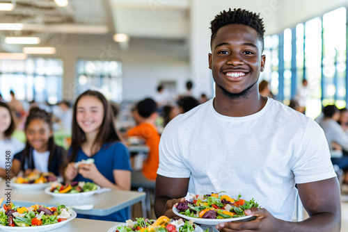 an African student sharing lunch with new friends in bright school cafeteria