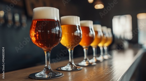 Five elegant glasses of craft beer lined up on a bar countertop in a cozy brewery, showcasing various golden hues and frothy heads