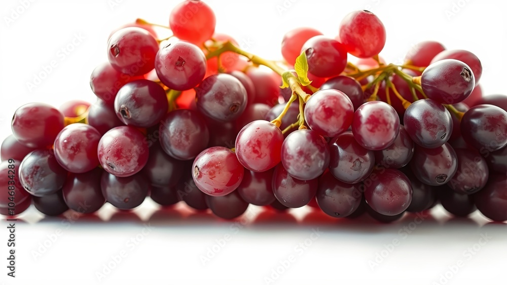 A vibrant cluster of plump, ruby-red grapes, glistening with dew, displayed against a stark white backdrop, highlighting their succulent nature. A vibrant cluster of plump, ruby-red grapes, glistening with dew, displayed against a stark white backdrop, highlighting their succulent nature.