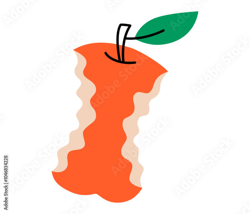 Hand drawn cute cartoon illustration of apple core. Flat vector recycling trash or environmental pollution in doodle style. Organic garbage. Healthy eating sticker, icon. Waste sorting. Isolated.