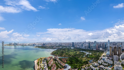 , hainan province, island, haikou, china, aerial photography, city skyline, city, building, architecture, background, landscape, photo