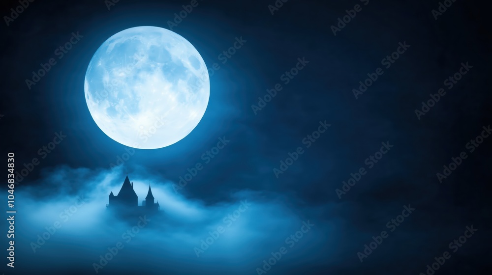 Fototapeta premium A haunting scene features a large moon over a mysterious, mist-shrouded castle, creating an eerie, atmospheric ambiance.