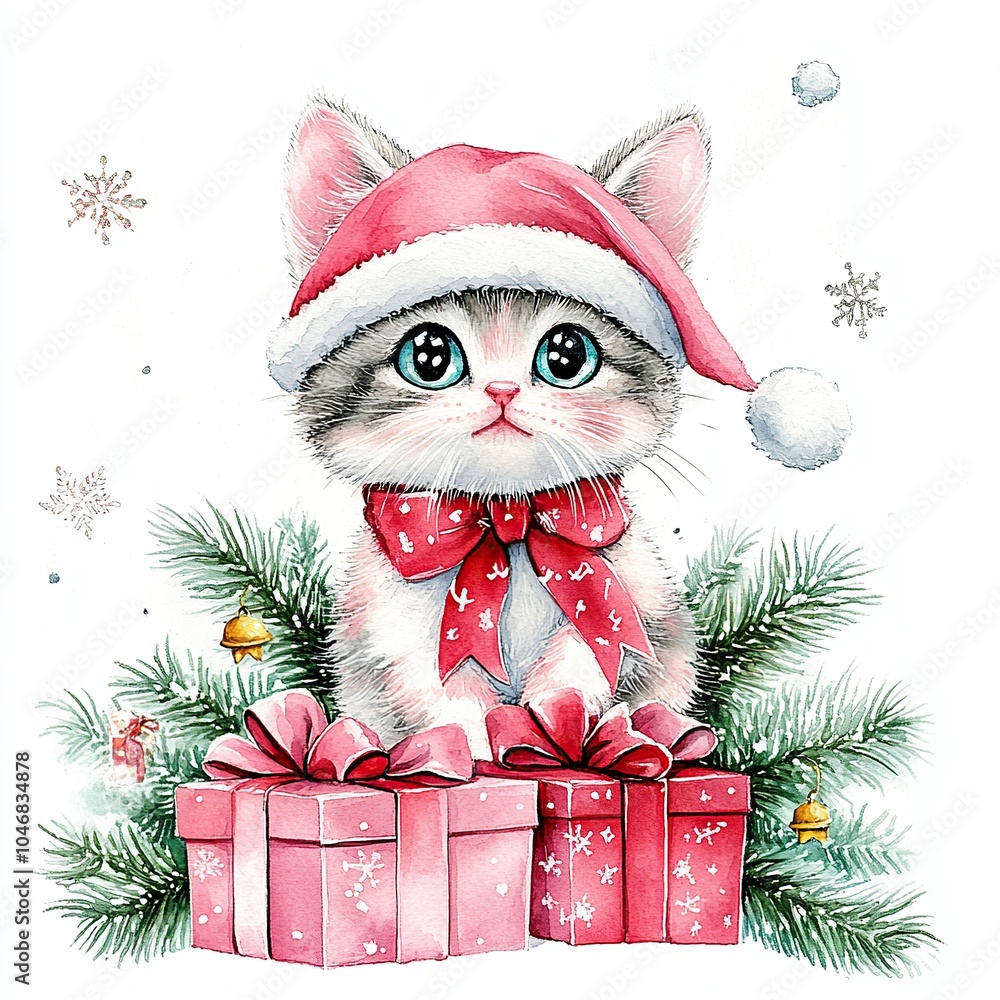 Adorable kitten in a festive hat surrounded by Christmas gifts and holiday decor, perfect for seasonal designs. Adorable kitten in a festive hat surrounded by Christmas gifts and holiday decor, perfect for seasonal designs.