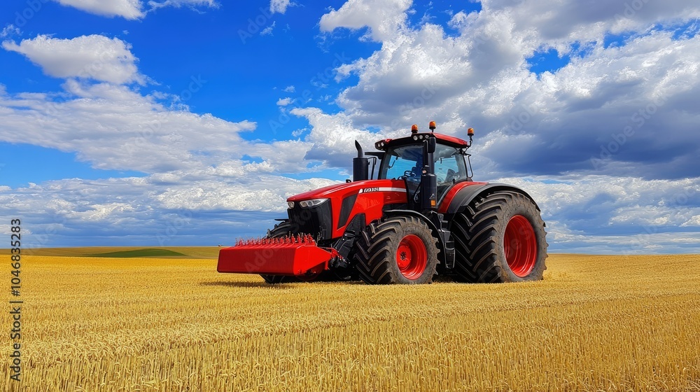 Fototapeta premium A tractor works tirelessly in a golden wheat field, its vibrant red frame contrasting with the vast blue sky,