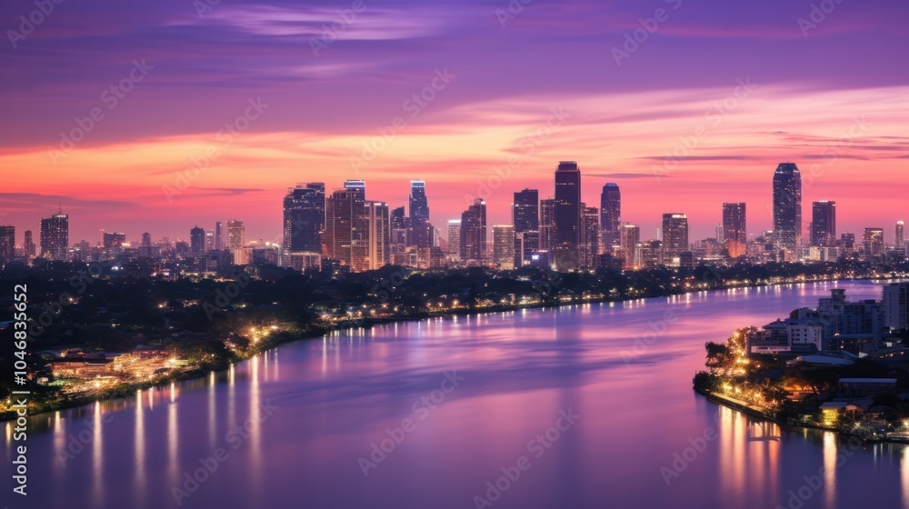 The cityscape of Bangkok at twilight, capturing the transition from day to night with a mix of illuminated office towers and residential buildings, The cityscape of Bangkok at twilight, capturing the transition from day to night with a mix of illuminated office towers and residential buildings,