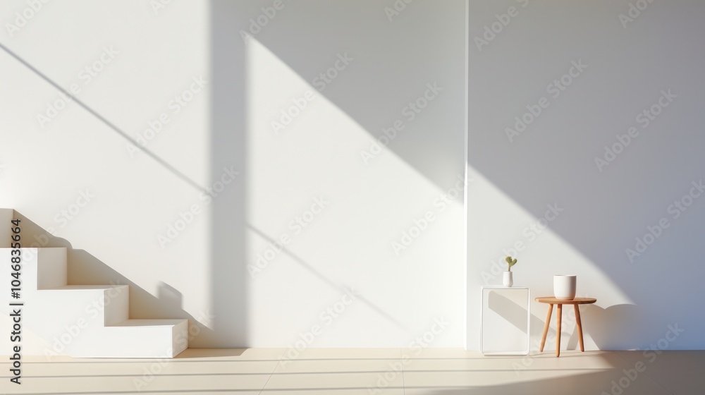 Obraz premium A minimalist room showcases a sharp contrast between bright light and deep shadows