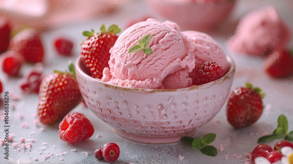 Close-up of a pink bowl with scoops of strawberry ice cream, topped with fresh strawberries and mint leaves. Close-up of a pink bowl with scoops of strawberry ice cream, topped with fresh strawberries and mint leaves.