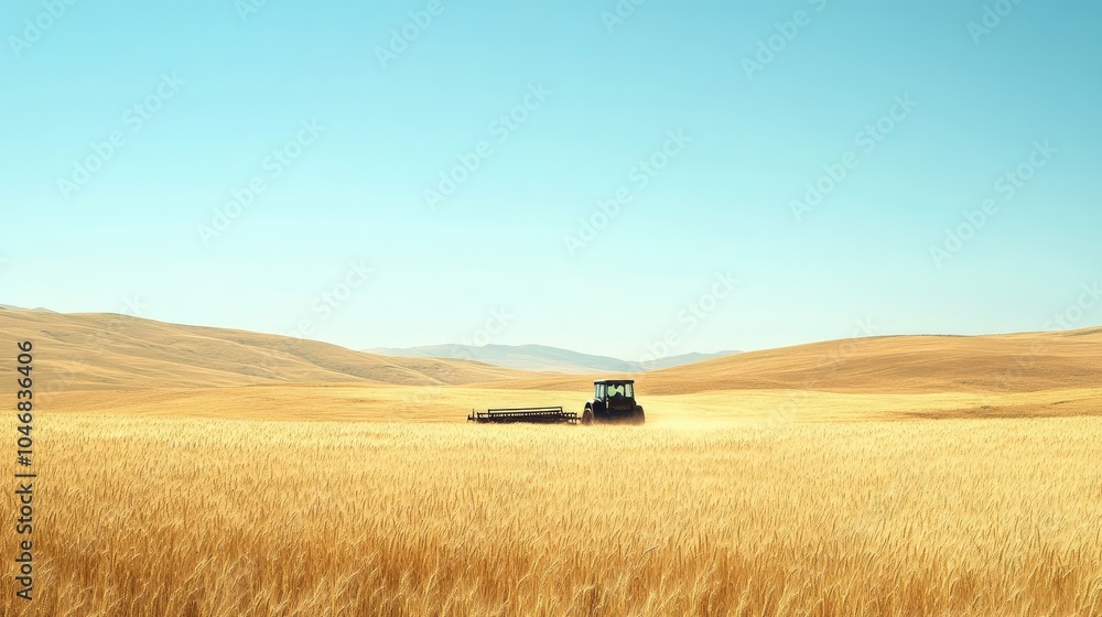 Obraz premium A tractor plows through a golden wheat field beneath a clear blue sky, representing the effort and beauty of farming during the harvest.
