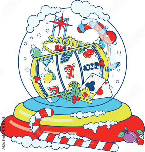 Christmas casino snow globe with play cards, Las Vegas sign, slot reel and candy canes.