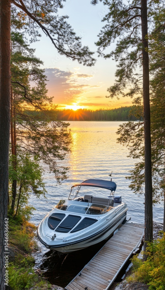 Fototapeta premium Motorboat Docked on a Wooden Pier at Sunset Over a Serene Lake, Surrounded by Lush Trees