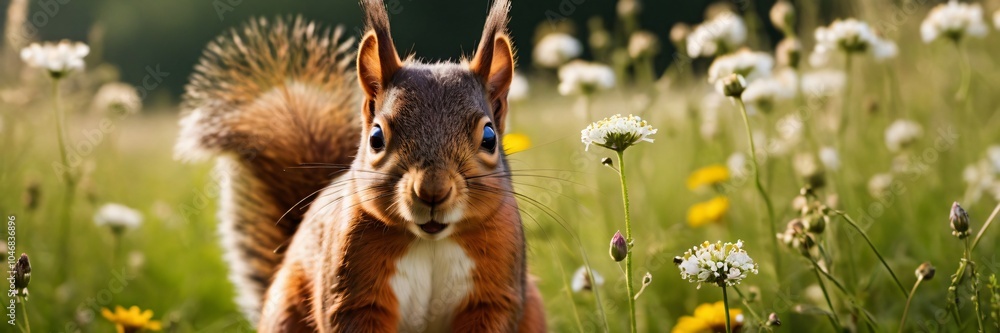 Obraz premium close-up portrait of a squirrel in a meadow surrounded by flowers