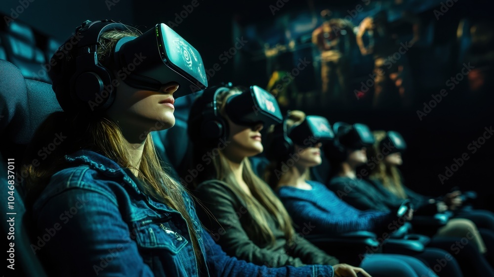 A thrilling image of a group of people in a dark cinema, fully engaged ...