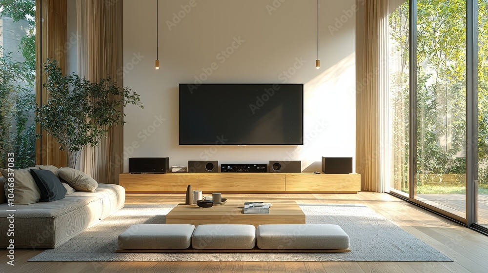 Spacious minimalist living room design with a large TV, light wood entertainment unit, and neutral decor, maximizing open space for serene functionality. Spacious minimalist living room design with a large TV, light wood entertainment unit, and neutral decor, maximizing open space for serene functionality.