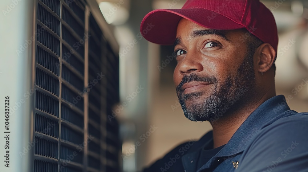 Technician in red cap by air conditioning unit Technician in red cap by air conditioning unit