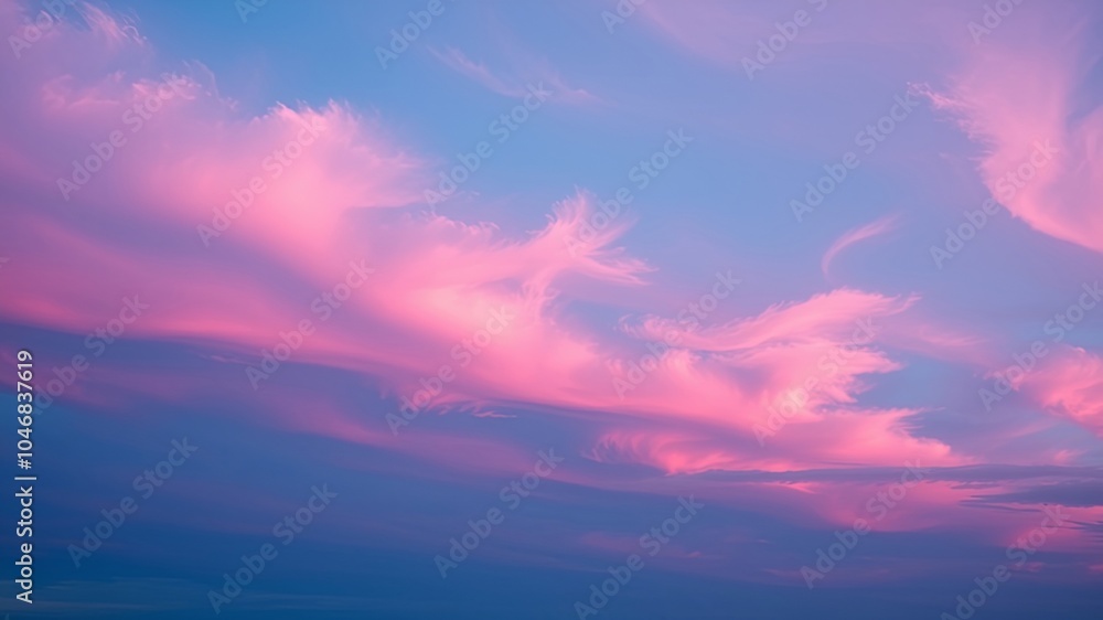 A canvas of vibrant pink and blue hues, depicting the ethereal dance of clouds across the twilight sky. A canvas of vibrant pink and blue hues, depicting the ethereal dance of clouds across the twilight sky.