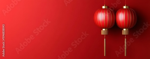 Two red lanterns hang against a vibrant red background, symbolizing celebration and good fortune in various cultures.