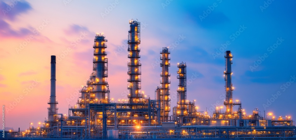 Obraz premium A brightly lit oil refinery against a colorful sunset, showcasing tall structures and industrial design.