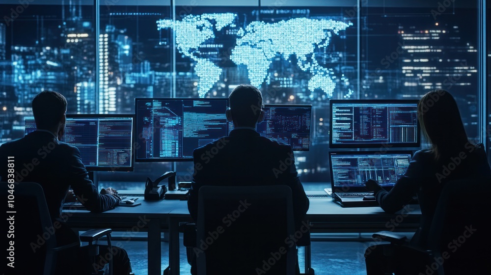 Risk management team assessing potential cyber threats and mitigating risks to sensitive data Risk management team assessing potential cyber threats and mitigating risks to sensitive data