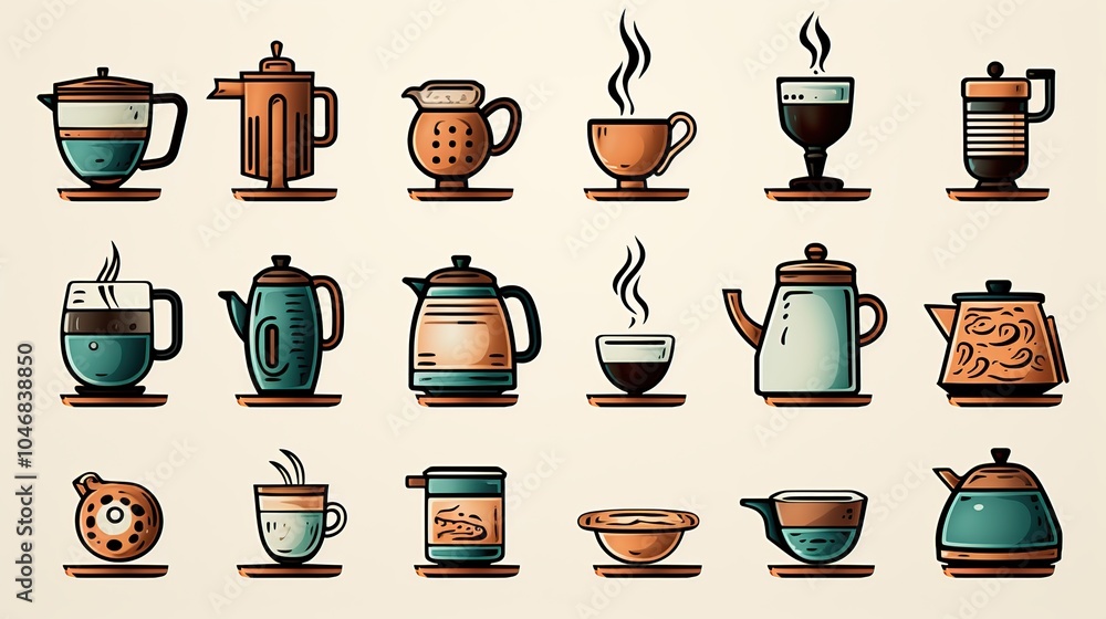 A collection of 18 colorful cartoon illustrations of coffee makers, cups, and other coffee-related items. A collection of 18 colorful cartoon illustrations of coffee makers, cups, and other coffee-related items.