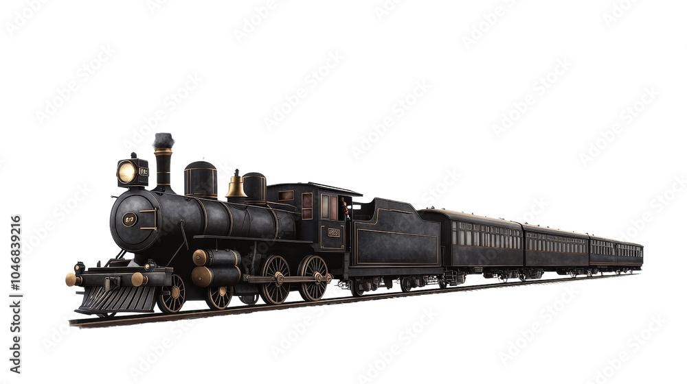 A train with a black engine and a long train car A train with a black engine and a long train car