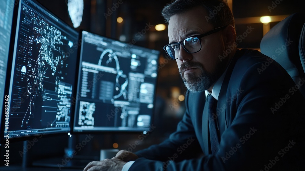 Security analyst reviewing threat intelligence reports on a multi-monitor setup in a high-tech office Security analyst reviewing threat intelligence reports on a multi-monitor setup in a high-tech office