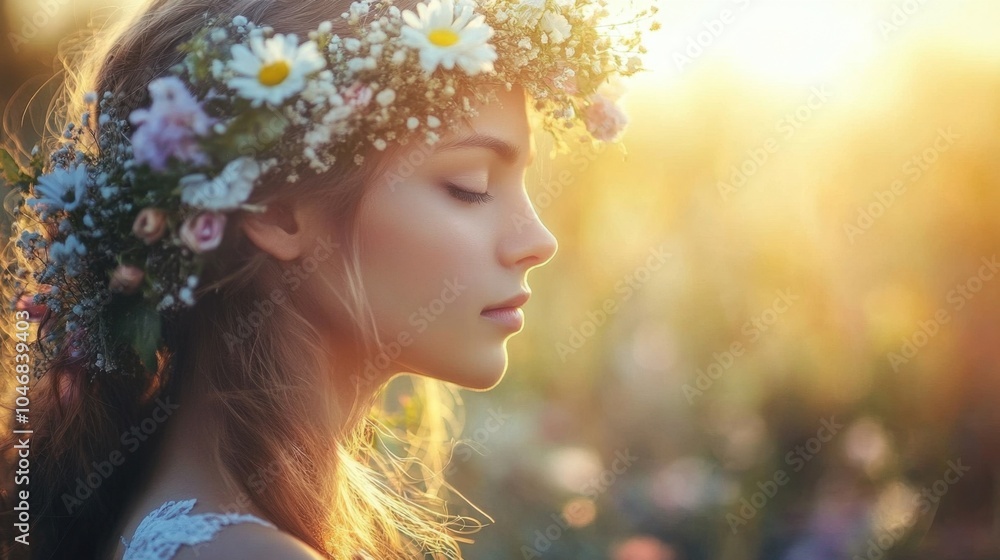 Fototapeta premium An enchanting profile shot of a woman adorned with a floral headdress, bathed in soft sunlight, capturing the beauty of nature and femininity.