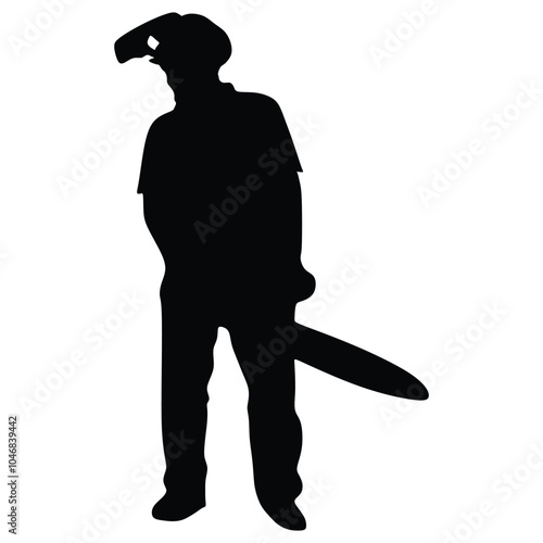 Silhouette of a man with protective equipment holding a chainsaw, lumberjack, forester