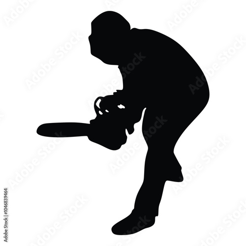 Silhouette of a man with protective equipment holding a chainsaw, lumberjack, forester