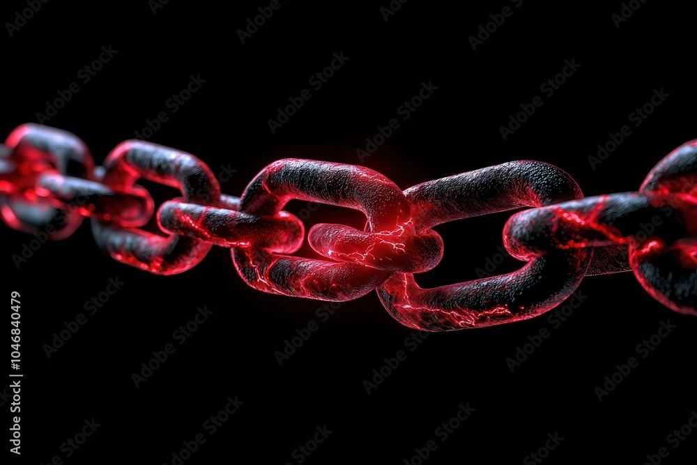 Close-up of a glowing red chain link on a dark background. Close-up of a glowing red chain link on a dark background.