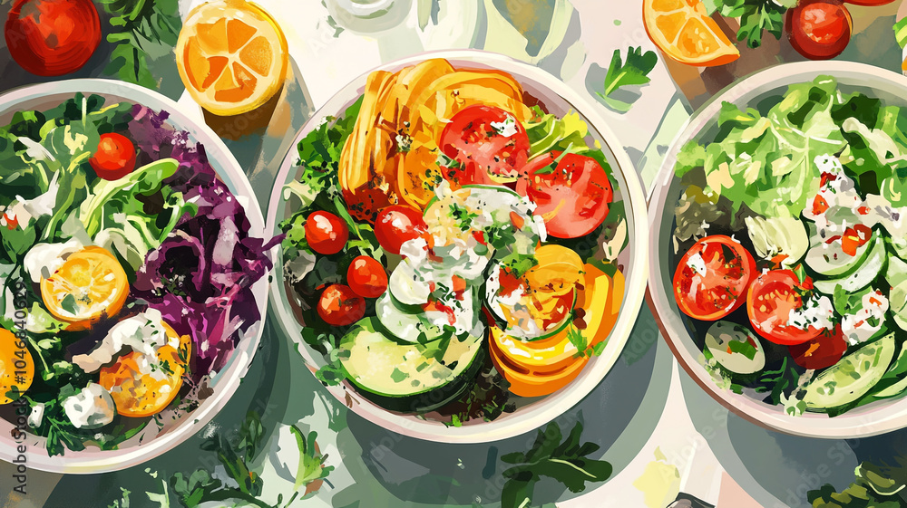 Colorful salad bowls with fresh vegetables and herbs arranged for a healthy meal preparation Colorful salad bowls with fresh vegetables and herbs arranged for a healthy meal preparation