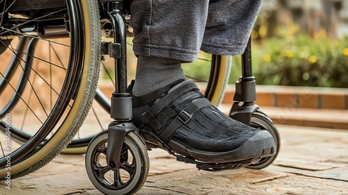 Close-up of a person's foot in a wheelchair, outdoor setting. photo