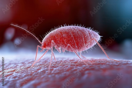 Close-up of a red insect on textured surface, white isolated background photo