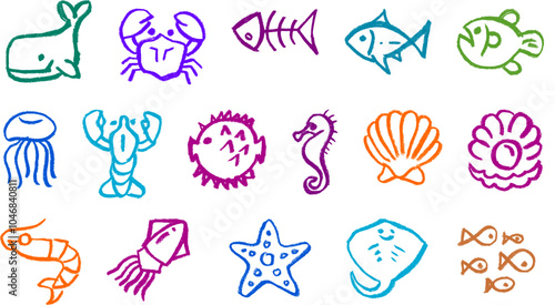 Fish Sea Animals Icon Crayon Chalk Drawing Vector Set