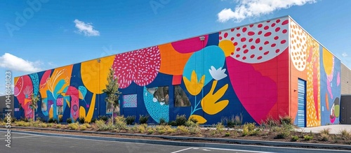 A modern building with a colorful mural of flowers and abstract shapes.