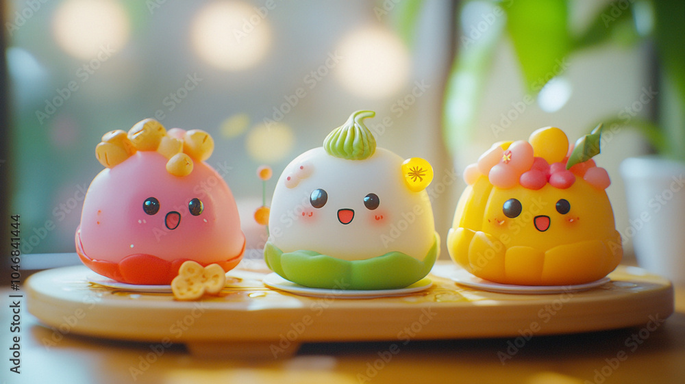 Colorful and playful dessert figurines on a wooden platter in a cozy café setting Colorful and playful dessert figurines on a wooden platter in a cozy café setting