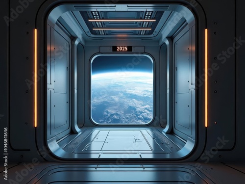 Futuristic spacecraft interior with large window showing Earth view from space. Sleek metallic corridor with 