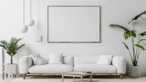 A chic and calm living room design with a white canvas backdrop, Minimal furniture tastefully placed, Modern minimalist style