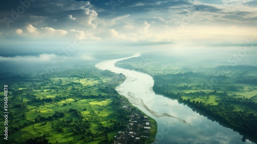 An aerial photograph of the Amazon River as it curves through a vast forested mountain area.