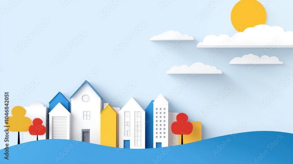 Colorful paper houses on a blue background with sun and clouds. Colorful paper houses on a blue background with sun and clouds.